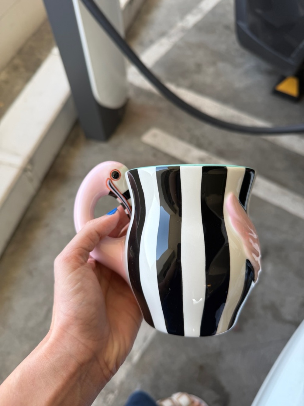 A set of MacKenzie-Childs Black White Striped flamingo Mug with Pink Handle
